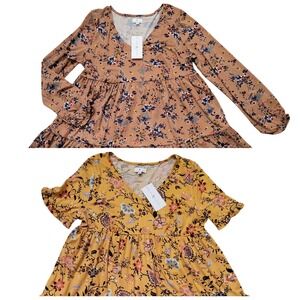 2 NWT True Craft Brown Yellow Floral Tiered Babydoll Tunic Dress V Neck L Boho